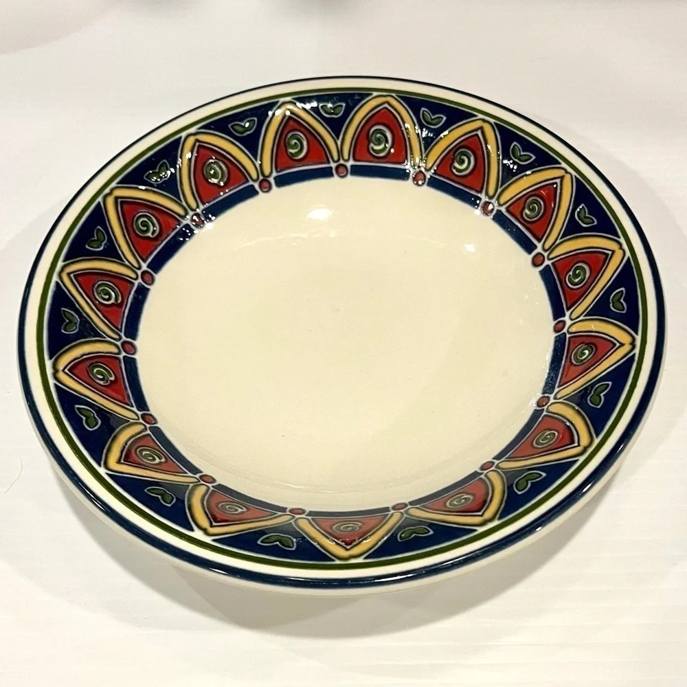 Pier 1 Bowl Red, Blue. Yellow Geometric Pattern 8 1/4 inches